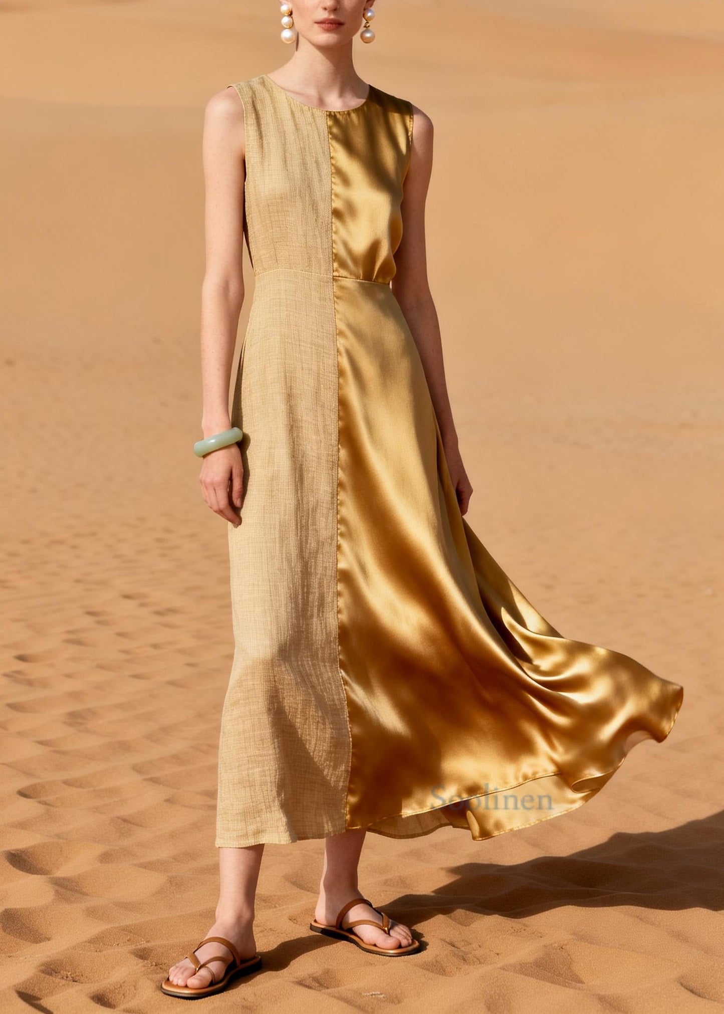 Italian Golden Asymmetrical Patchwork Linen Silk Long Dress Summer