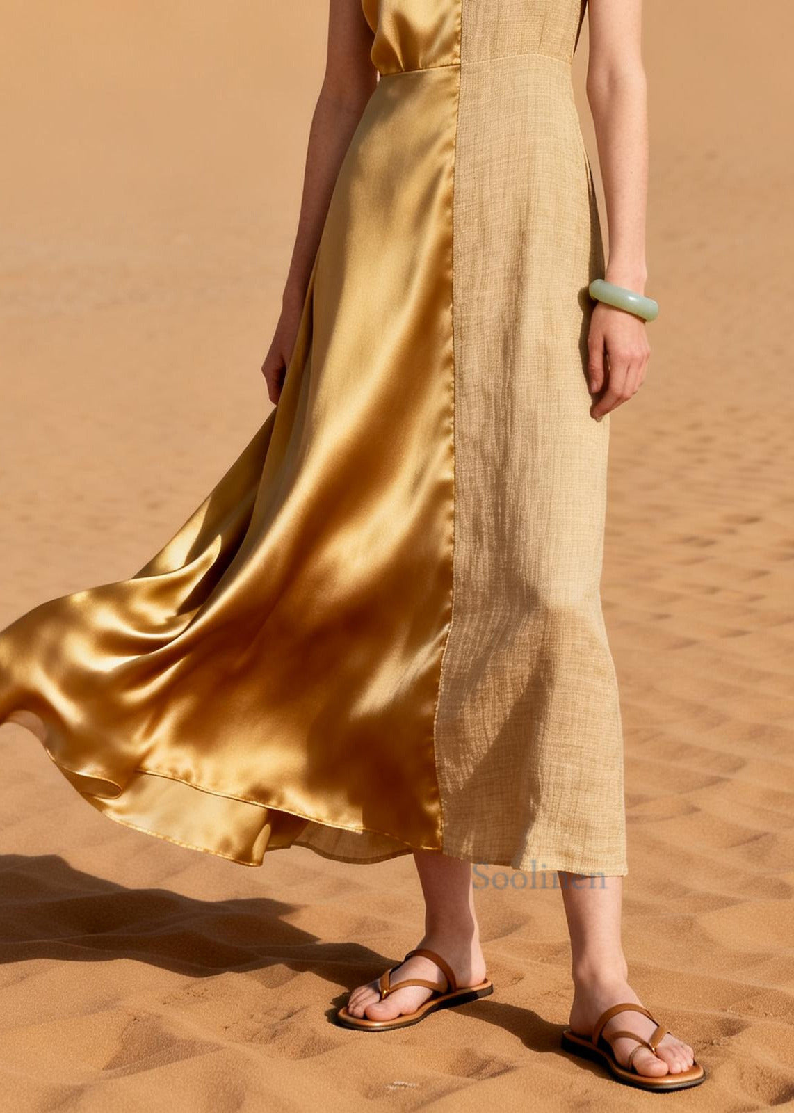 Italian Golden Asymmetrical Patchwork Linen Silk Long Dress Summer