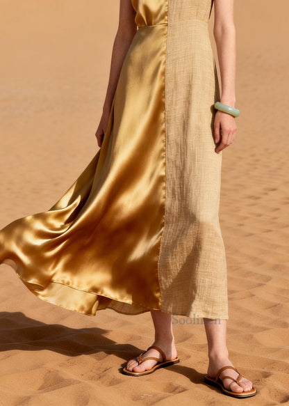 Italian Golden Asymmetrical Patchwork Linen Silk Long Dress Summer