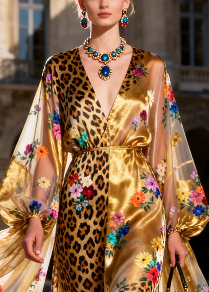 Italian Golden Asymmetrical Patchwork Print Silk Long Dress Summer