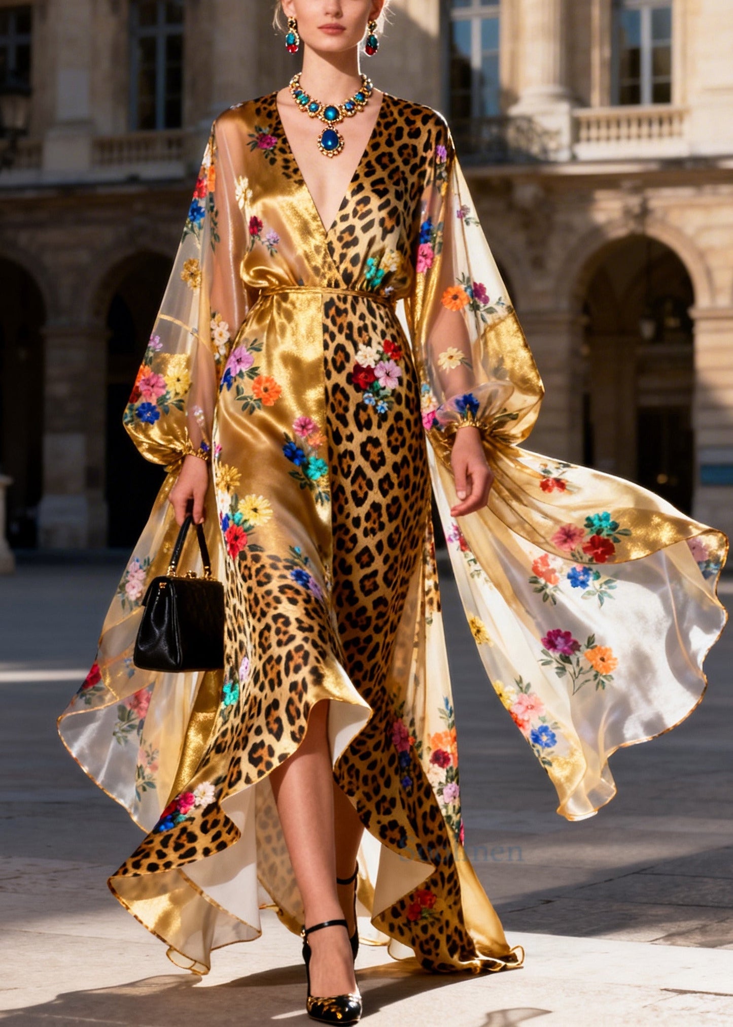 Italian Golden Asymmetrical Patchwork Print Silk Long Dress Summer