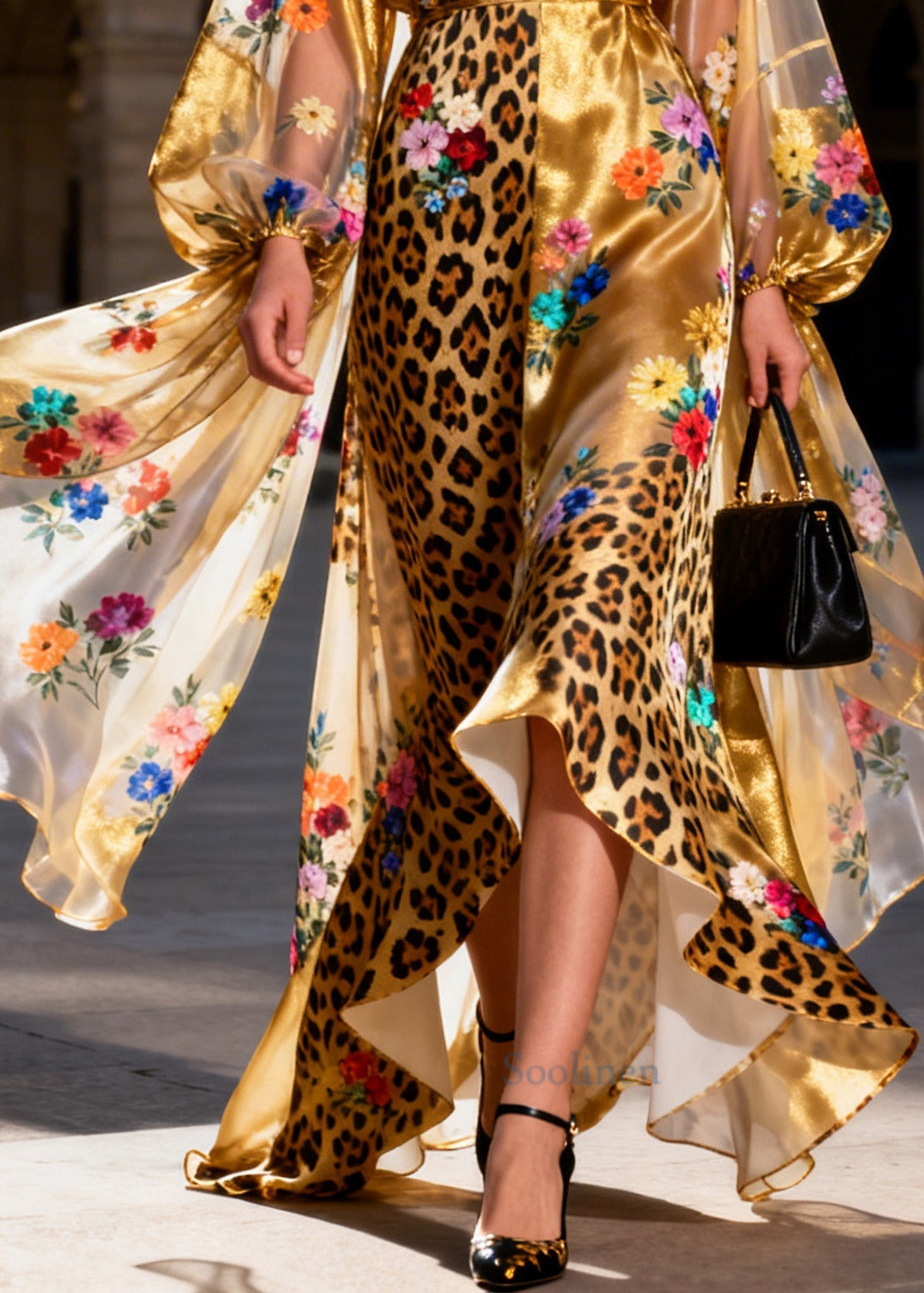 Italian Golden Asymmetrical Patchwork Print Silk Long Dress Summer