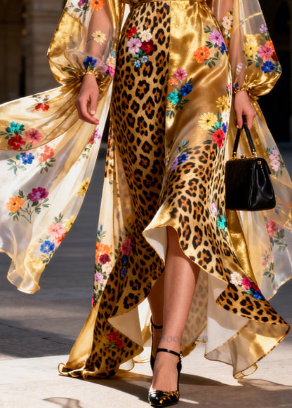 Italian Golden Asymmetrical Patchwork Print Silk Long Dress Summer
