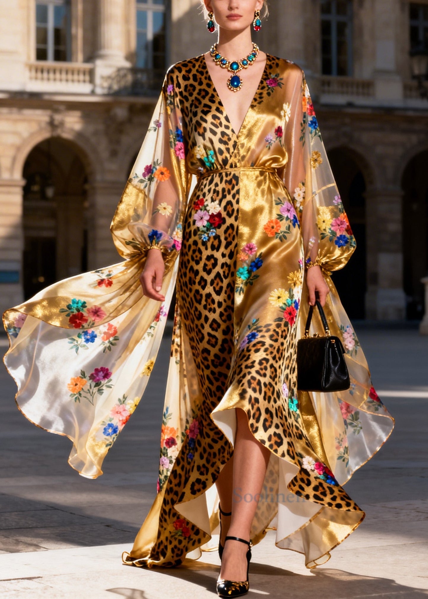 Italian Golden Asymmetrical Patchwork Print Silk Long Dress Summer