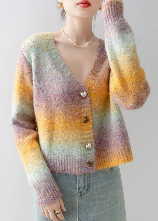 Italian Gradient Color V Neck Warm Knit Cardigan Winter