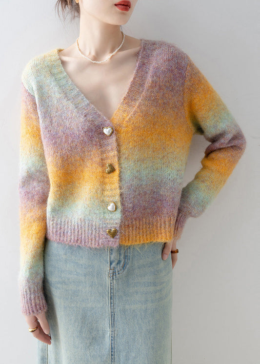 Italian Gradient Color V Neck Warm Knit Cardigan Winter