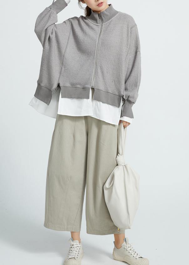 Italian Gray cotton Crane tops false Two Pieces Knee Spring tops - SooLinen