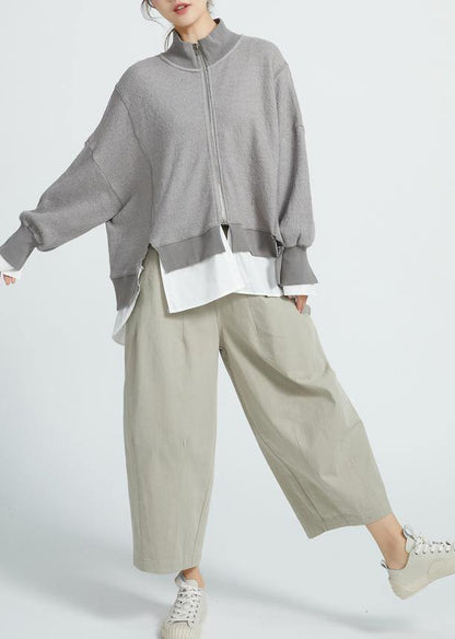 Italian Gray cotton Crane tops false Two Pieces Knee Spring tops - SooLinen