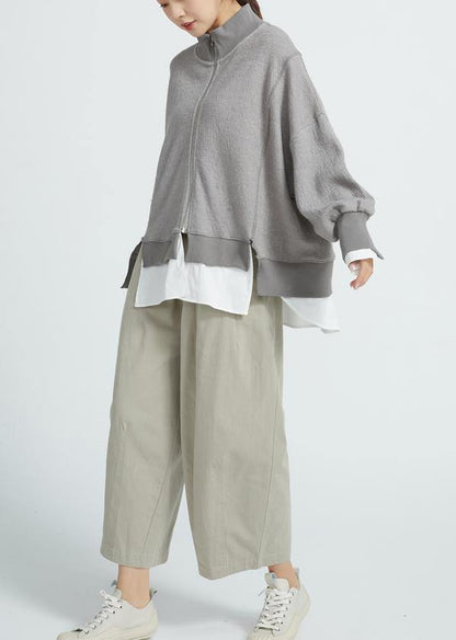 Italian Gray cotton Crane tops false Two Pieces Knee Spring tops - SooLinen