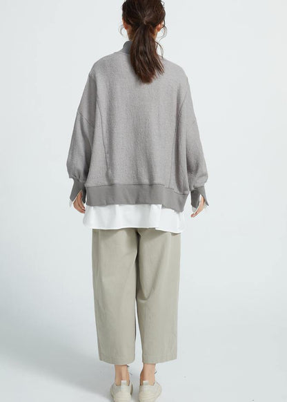 Italian Gray cotton Crane tops false Two Pieces Knee Spring tops - SooLinen