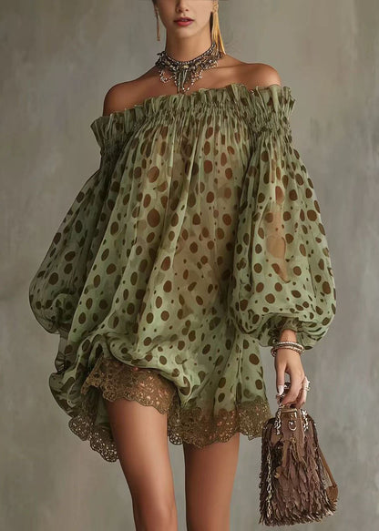 Italian Green Dot Slash Neck Patchwork Lace Mini Dress Long Sleeve