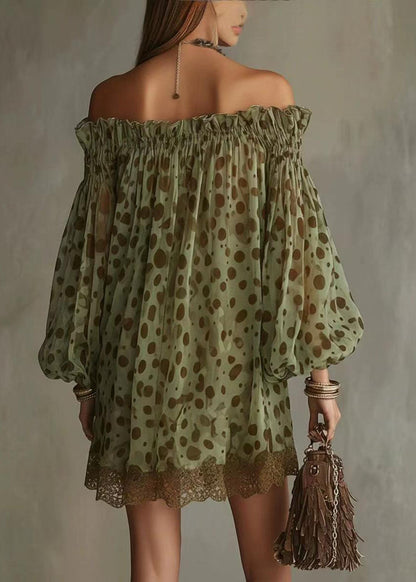 Italian Green Dot Slash Neck Patchwork Lace Mini Dress Long Sleeve
