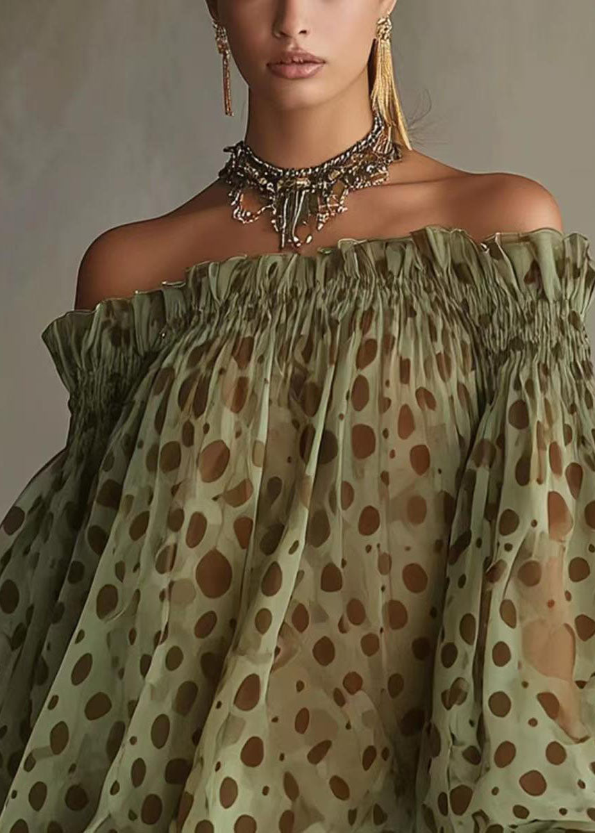 Italian Green Dot Slash Neck Patchwork Lace Mini Dress Long Sleeve