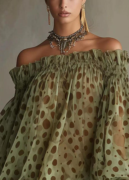 Italian Green Dot Slash Neck Patchwork Lace Mini Dress Long Sleeve