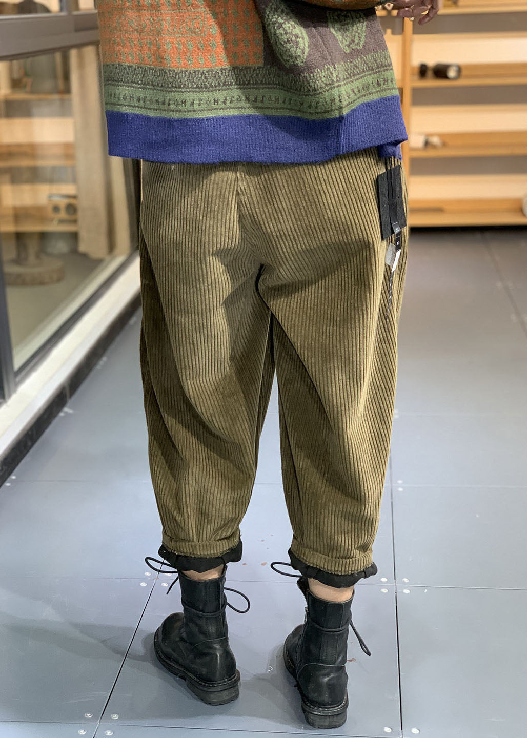 Italienische grüne elastische Taille solide Cord Fleece Hose Hose Winter