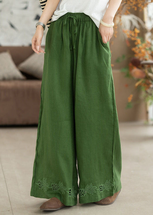 Italian Green Embroidered Hollow Out Linen Straight Pants Summer