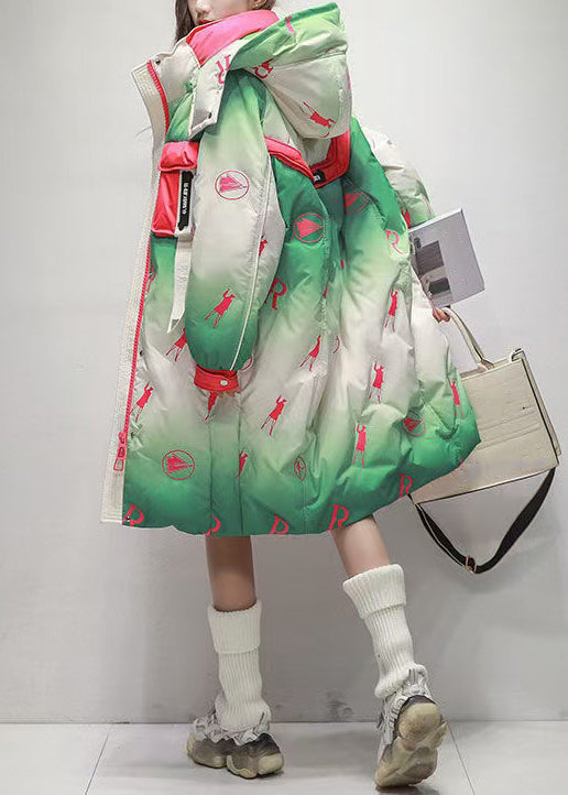 Italian Green Gradient Color Zip Up Pockets Patchwork Duck Down Long Coats