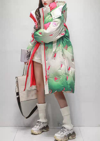 Italian Green Gradient Color Zip Up Pockets Patchwork Duck Down Long Coats