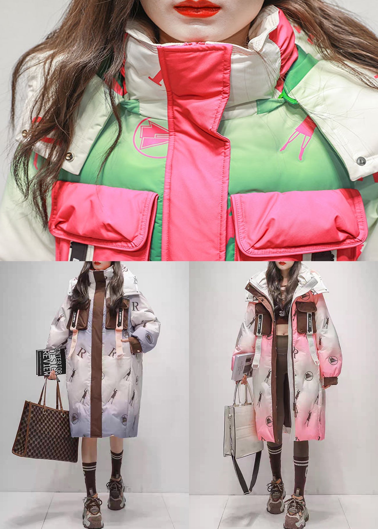 Italian Green Gradient Color Zip Up Pockets Patchwork Duck Down Long Coats