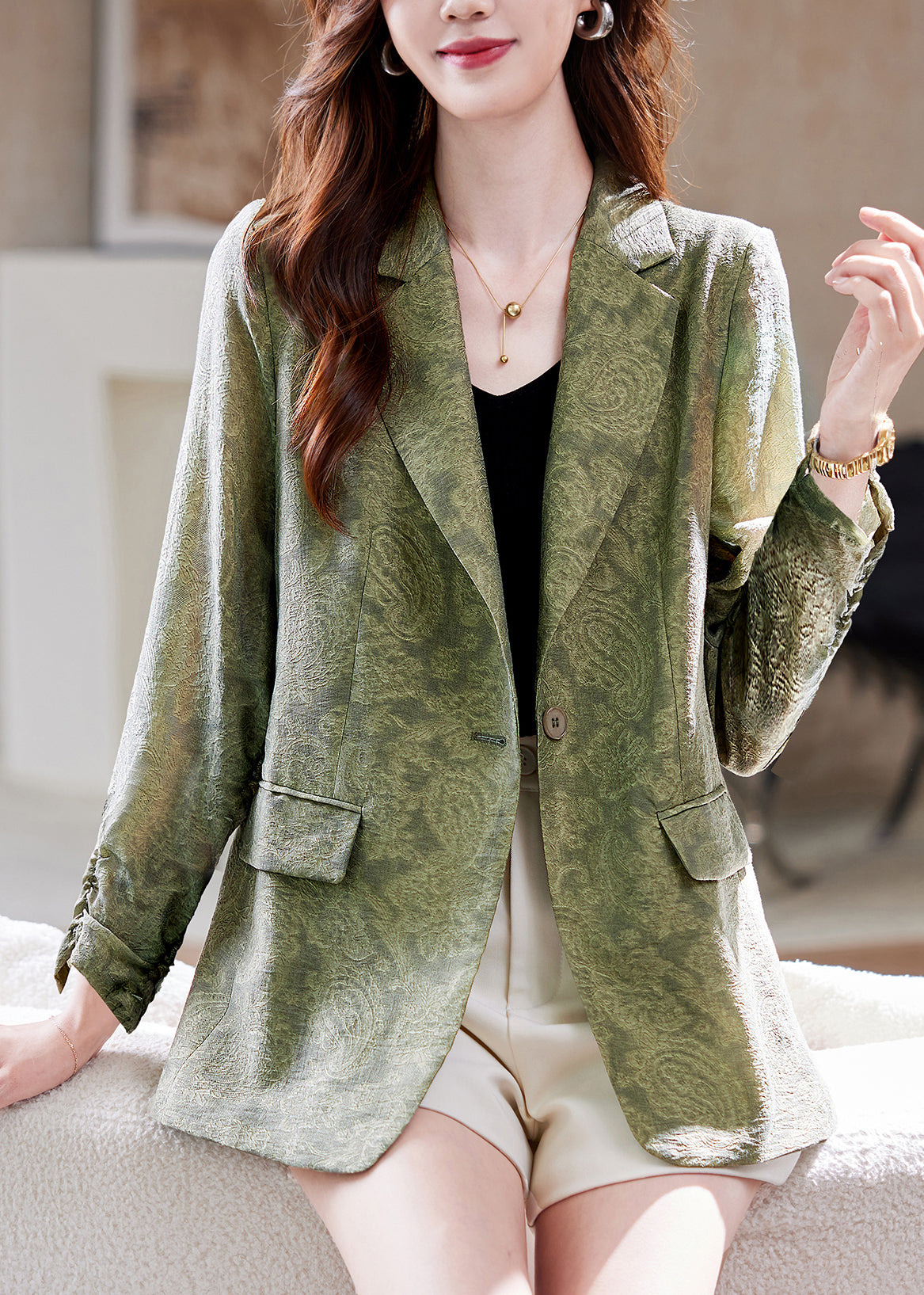 Italian Green Notched Print Pockets Coat Fall