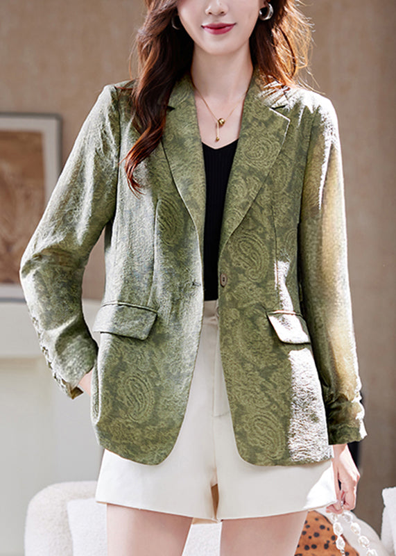 Italian Green Notched Print Pockets Coat Fall