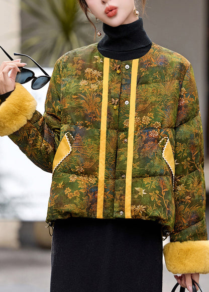 Chaqueta de plumón de pato con cuello redondo y estampado italiano verde para invierno