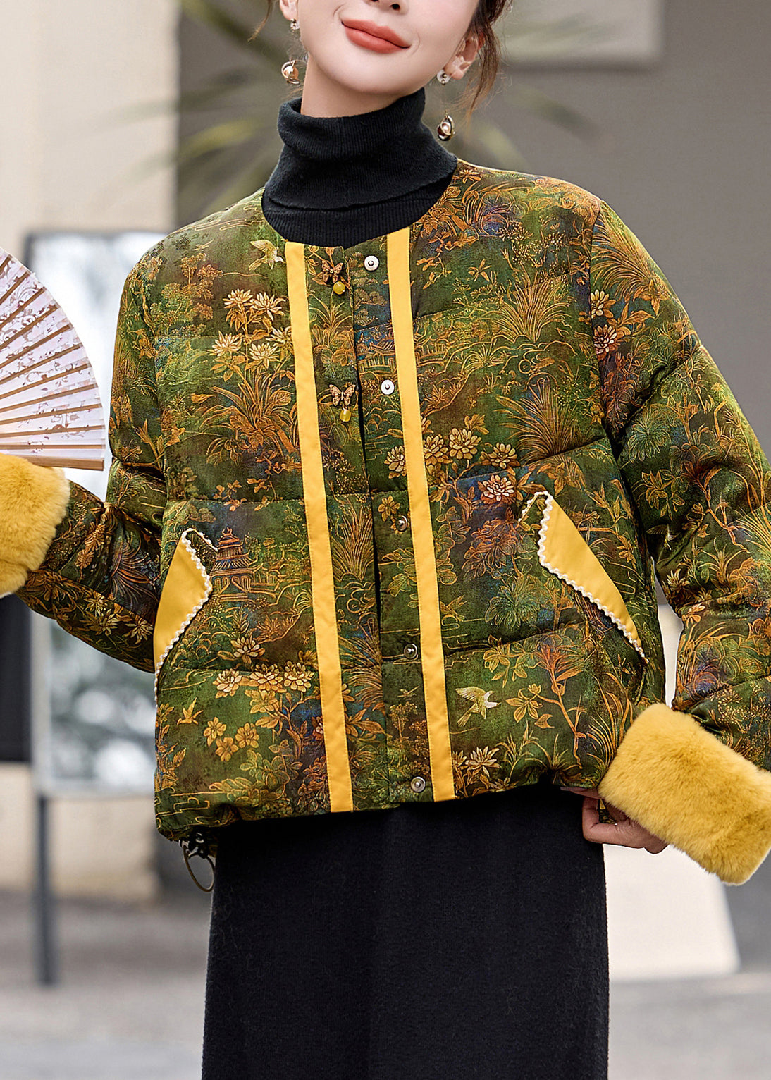 Chaqueta de plumón de pato con cuello redondo y estampado italiano verde para invierno