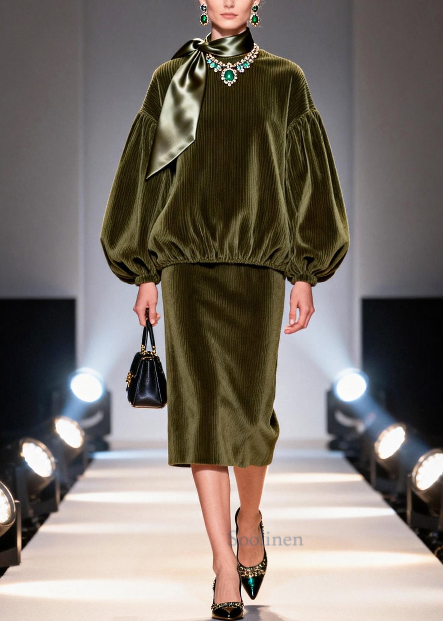Italian Green Oversized Corduroy Two Pieces Set Fall