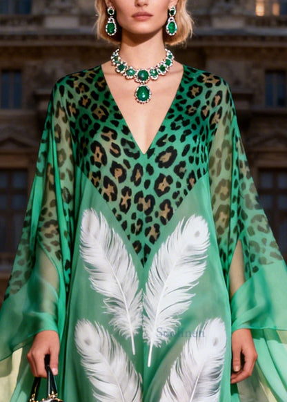 Italian Green Oversized Print Exra Large Hem Chiffon Maxi Dresses Summer