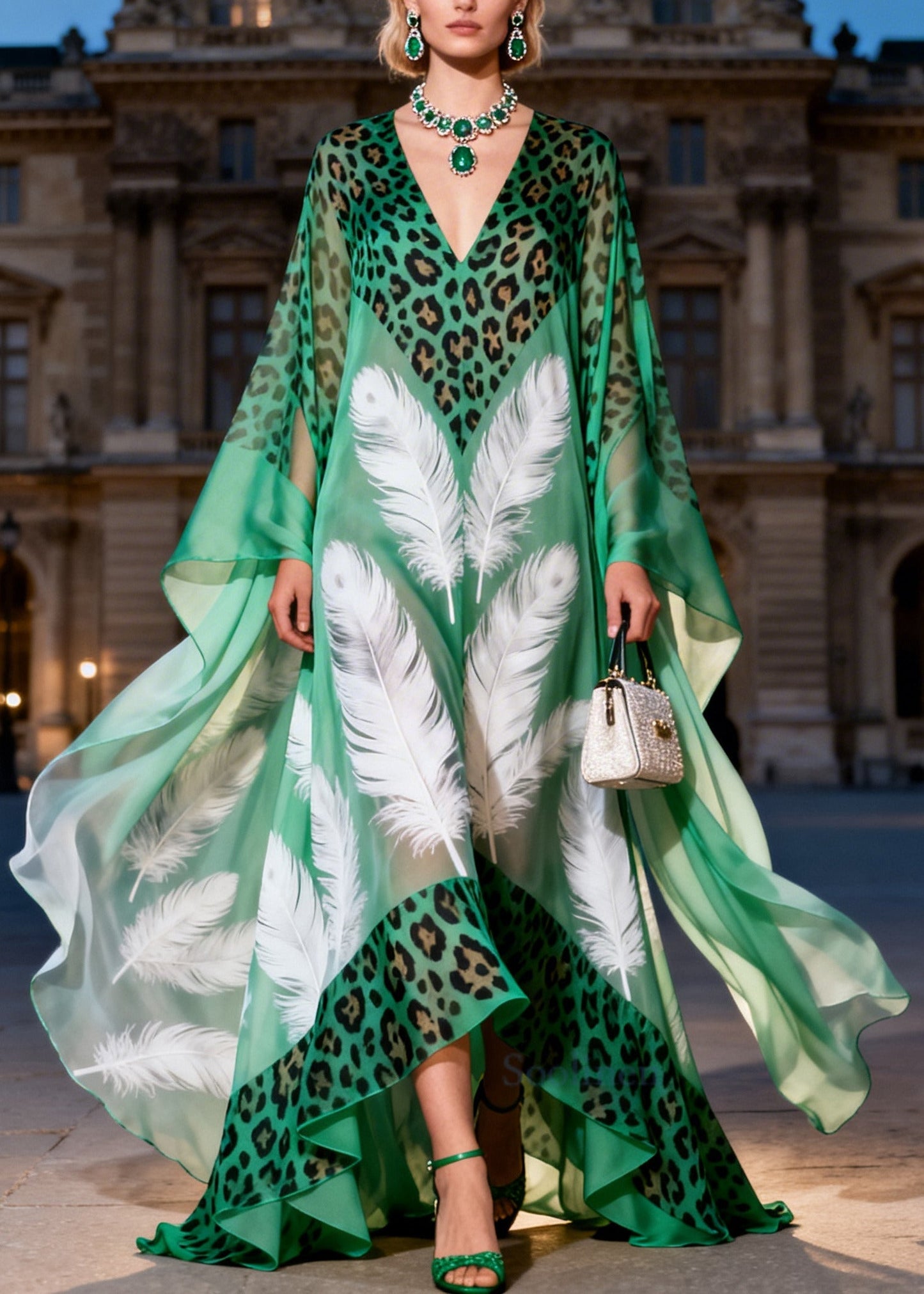 Italian Green Oversized Print Exra Large Hem Chiffon Maxi Dresses Summer