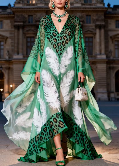 Italian Green Oversized Print Exra Large Hem Chiffon Maxi Dresses Summer