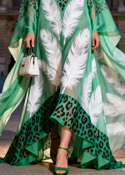Italian Green Oversized Print Exra Large Hem Chiffon Maxi Dresses Summer