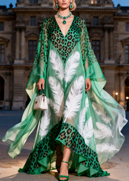 Italian Green Oversized Print Exra Large Hem Chiffon Maxi Dresses Summer