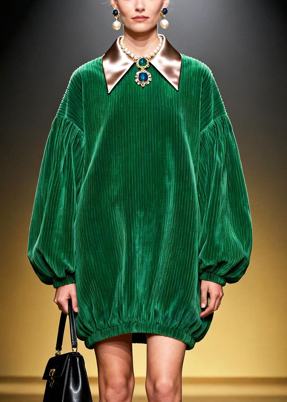 Italian Green Peter Pan Collar Patchwork Corduroy Mid Dress Fall