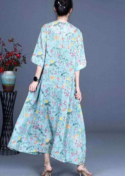 Italian Green Print Cinched Summer Ramie Summer Dresses - SooLinen