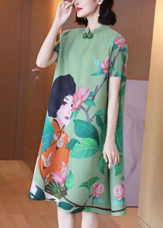 Italian Green Print Oriental Half Sleeve Party Dress Summer - SooLinen