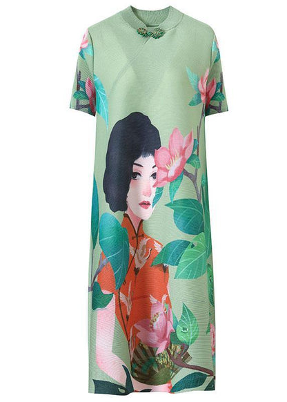 Italian Green Print Oriental Half Sleeve Party Dress Summer - SooLinen
