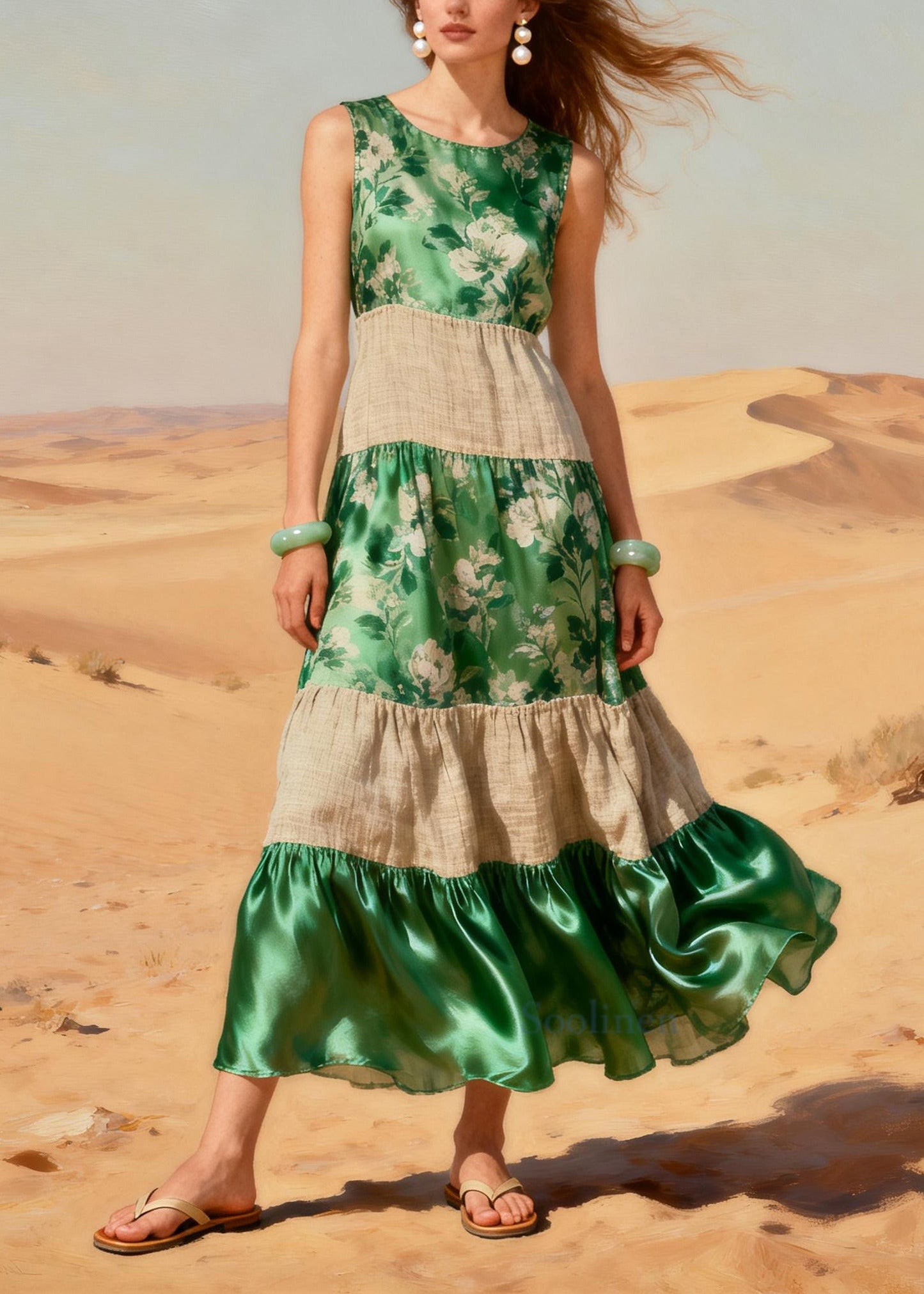 Italian Green Print Patchwork Linen Silk Dresses Summer