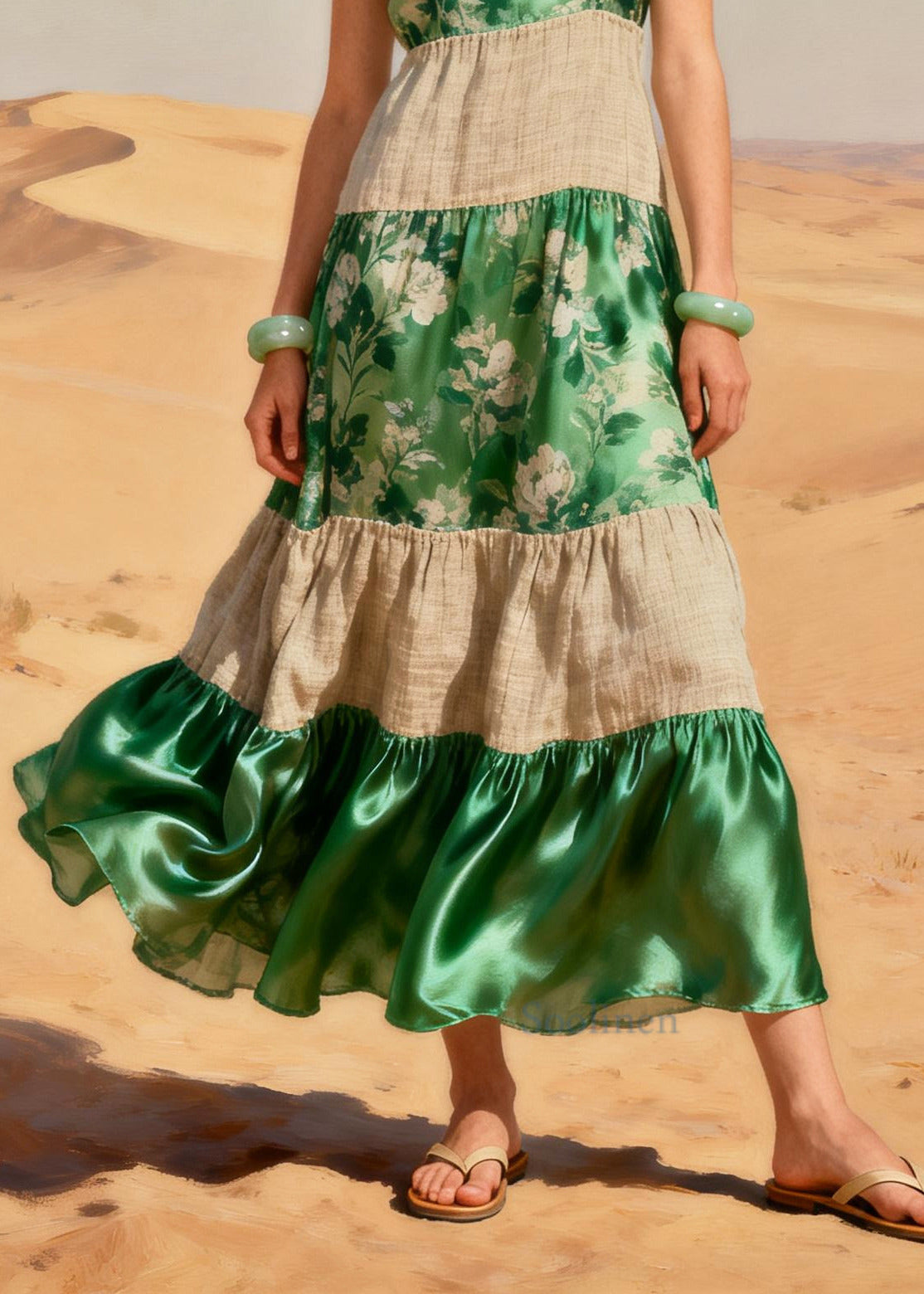 Italian Green Print Patchwork Linen Silk Dresses Summer