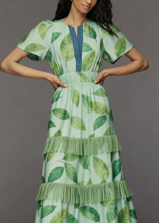Italian Green Print Tasseled Patchwork Cotton Maxi Dresses Summer