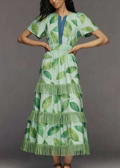 Italian Green Print Tasseled Patchwork Cotton Maxi Dresses Summer