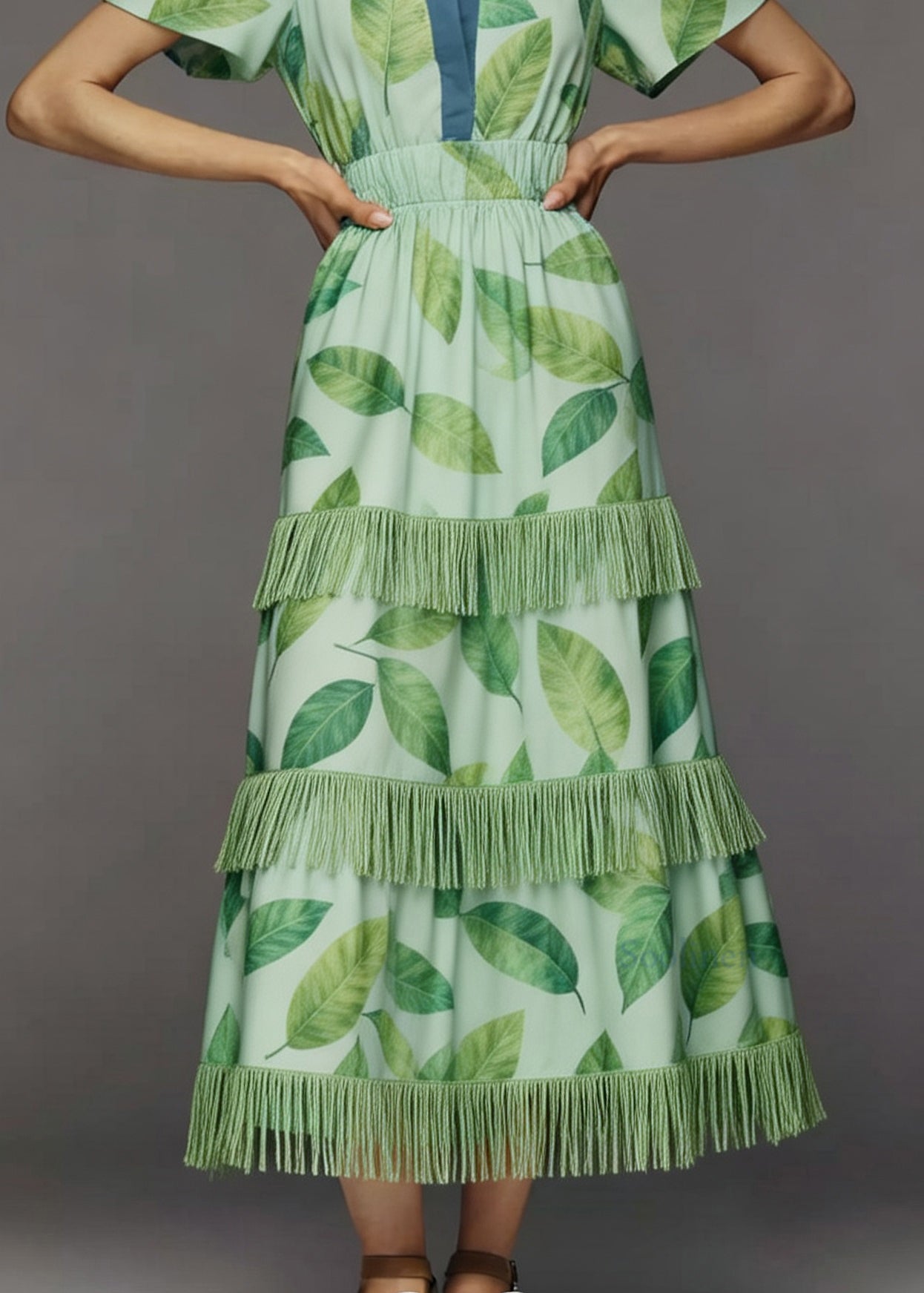 Italian Green Print Tasseled Patchwork Cotton Maxi Dresses Summer