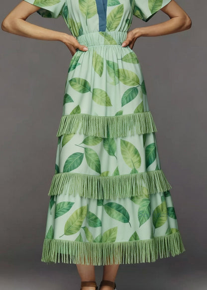 Italian Green Print Tasseled Patchwork Cotton Maxi Dresses Summer