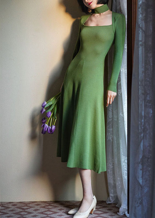 Italienisches grünes Patchwork-Strick-Partykleid mit quadratischem Kragen, Frühling