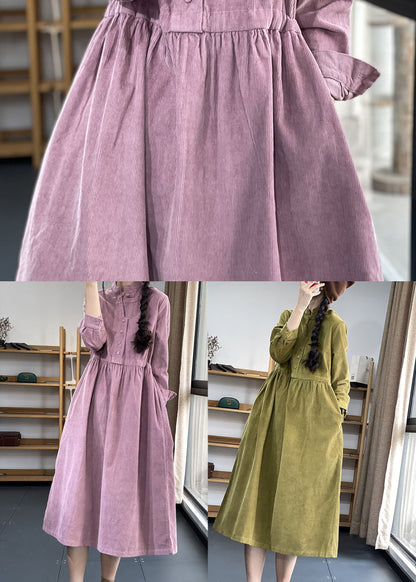 Italienisches grünes Patchwork-Cordkleid mit Stehkragen für den Winter