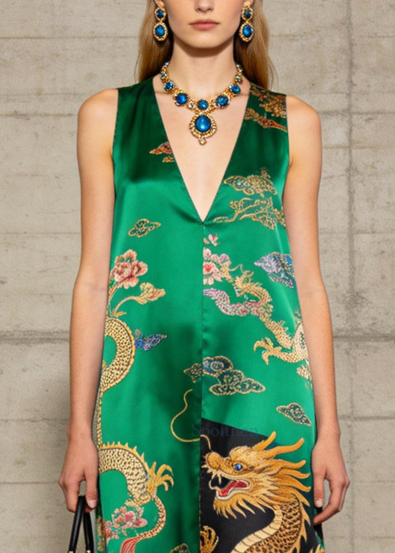Italian Green Tasseled Print Silk Long Dress Summer