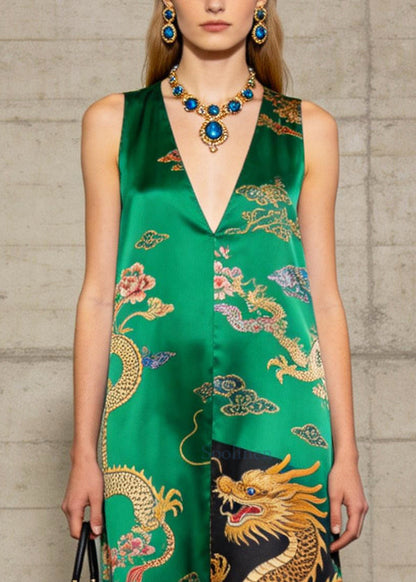 Italian Green Tasseled Print Silk Long Dress Summer