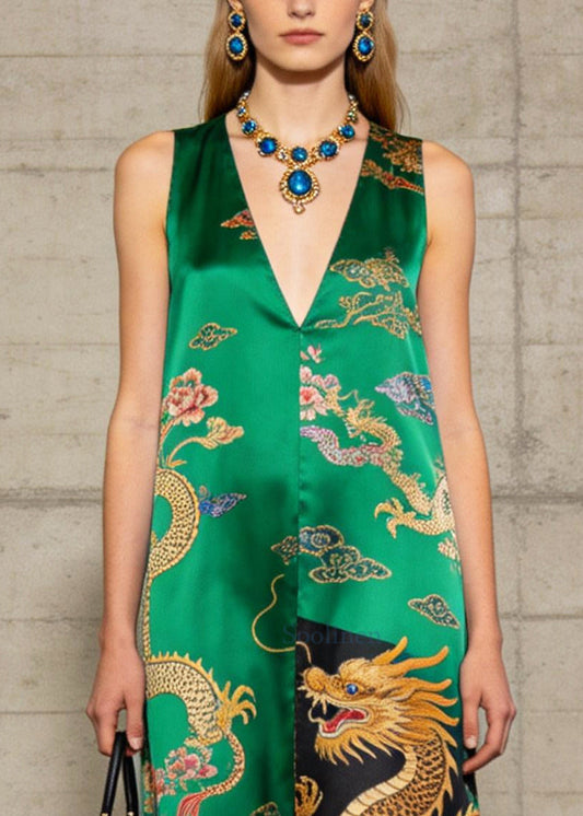 Italian Green Tasseled Print Silk Long Dress Summer