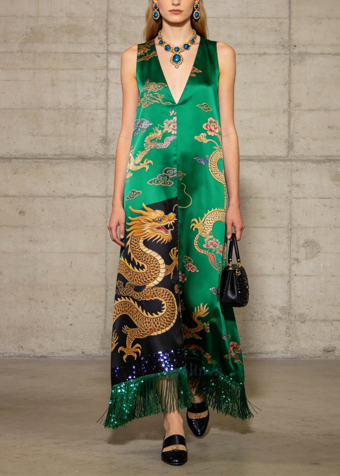 Italian Green Tasseled Print Silk Long Dress Summer