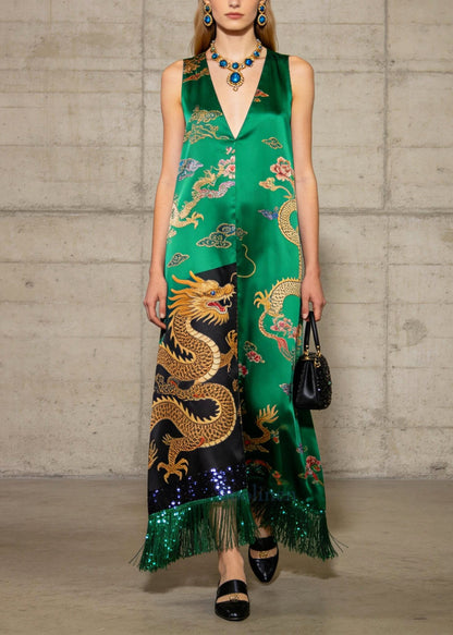 Italian Green Tasseled Print Silk Long Dress Summer